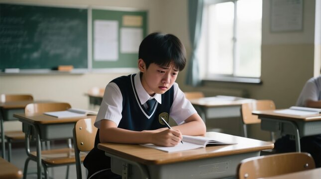 Sad boy student writing in classroom