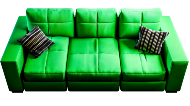 Vibrant Green Tufted Sofa with Striped Accent Pillows Isolated on White, cut out transparent - Powered by Adobe