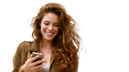 Young Woman with Red Hair Smiling While Using Cell Phone Outdoors, cut out transparent