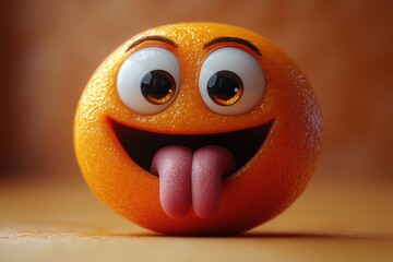 Bright orange fruit character with playful expression and outstretched tongue