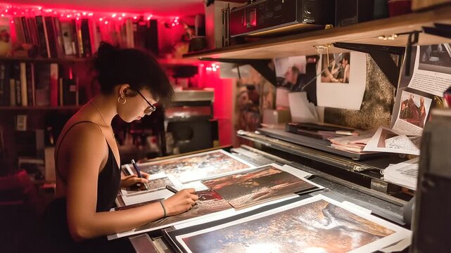 A sophomore joins a photography club in a darkroom with prints developing chemicals bubbling red lights glowing and photos pinned to dry rendered in a moody photo with liquid
