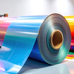 Rolled colorful plastic sheets on a light gray surface