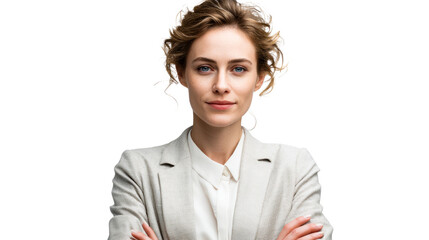 Confident professional woman with light brown curly hair and freckles, cut out transparent