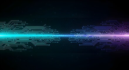 Obraz premium Futuristic circuit board with glowing blue and purple data streams, symbolizing innovation and connectivity