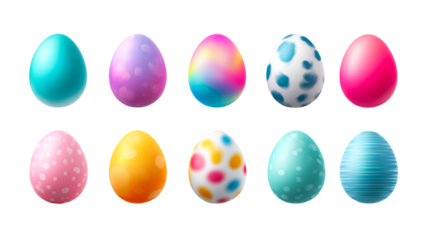 Collection of ten colorful decorated oval objects resembling eggs, cut out transparent