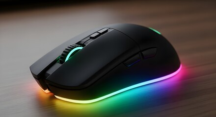 Black computer mouse with RGB lighting for gaming on wood background