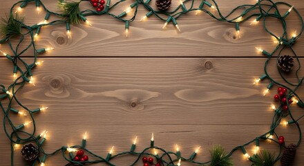 Festive Christmas lights and decor frame a warm wooden background for seasonal designs