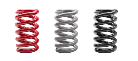 Three helical coil springs in red, gray, and black
