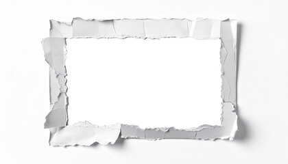 Marco fotográfico realista con textura de papel rasgado en los bordes, como si la foto estuviera rota a mano. El papel tiene un aspecto fibroso, con sombras suaves en los bordes para dar volumen. PNG