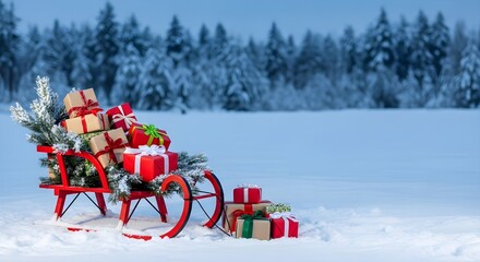 Festive red sleigh overflowing with Christmas gifts in a snowy winter wonderland setting