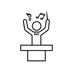 Line art of a conductor with a baton and musical notes standing behind a podium. Editable stroke. Vector illustration