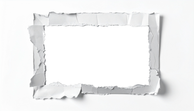 Marco fotográfico realista con textura de papel rasgado en los bordes, como si la foto estuviera rota a mano. El papel tiene un aspecto fibroso, con sombras suaves en los bordes para dar volumen. PNG