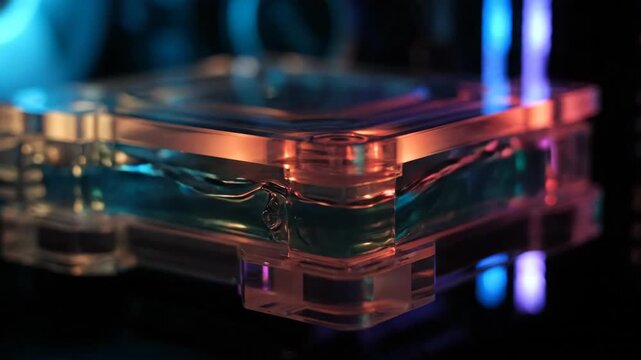 RGB CPU water block glowing with circulating liquid coolant