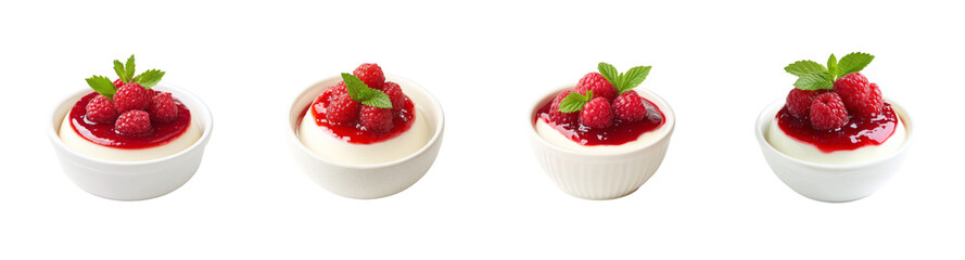 Delicious Raspberry Panna Cotta PNG set dessert garnished with fresh berries and mint leaves Isolated on Transparent backround