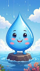 Cute water drop character standing on rock, rain