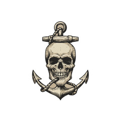 Skull with an anchor behind it, with a rope wrapped around both in a vintage tattoo style.
