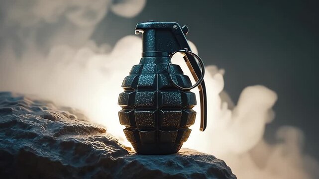Smoking hand grenade with pin pulled, Evoking themes of conflict, History and the passage of time, Urgency and danger	