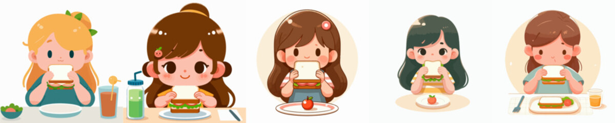 vector of a little girl having a sandwitch breakfast