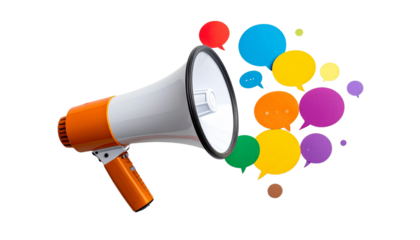 Colorful Megaphone Icon with Speech Bubbles Symbolizing Digital Marketing and Communication Isolated On White Background