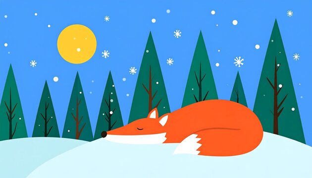 Cute fox asleep in snowy forest at night