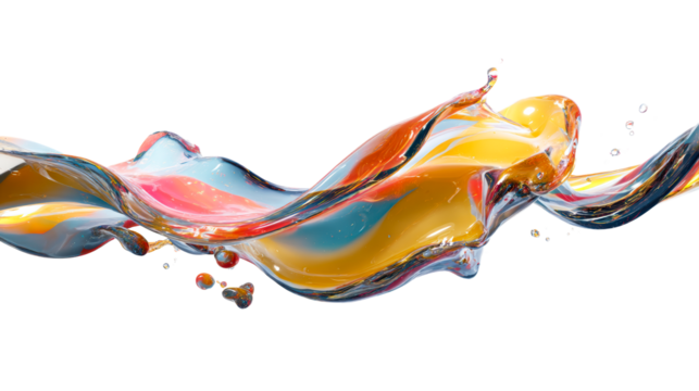 Dynamic liquid splash with vibrant color transitions and suspended droplets, cut out transparent