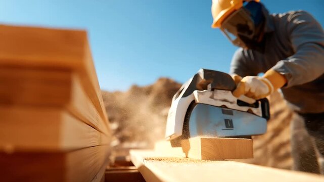 A worker cuts lumber at a construction site with a saw buzzing wood shavings curling safety goggles reflecting light and a stack of planks nearby depicted in a gritty photo