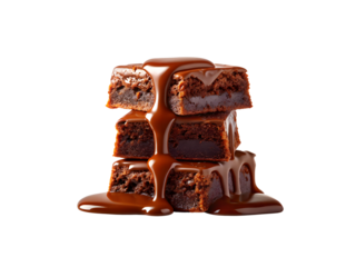 Stack of chocolate brownies with caramel sauce isolated on white isolated on transparent background, PNG