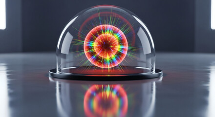A colorful geometric pattern inside a glass dome on a reflective surface with a dark background.