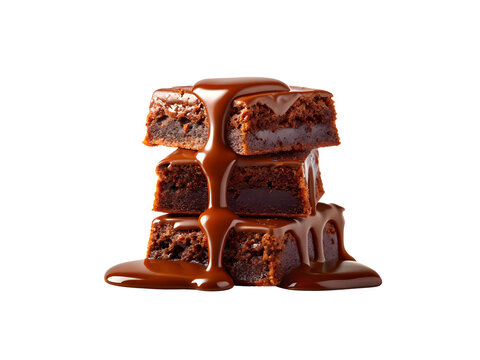 Stack of chocolate brownies with caramel sauce isolated on white isolated on transparent background, PNG
