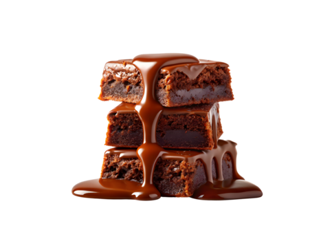Stack of chocolate brownies with caramel sauce isolated on white isolated on transparent background, PNG