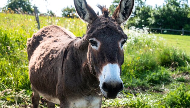 Close-up of a donkey in a grassy field