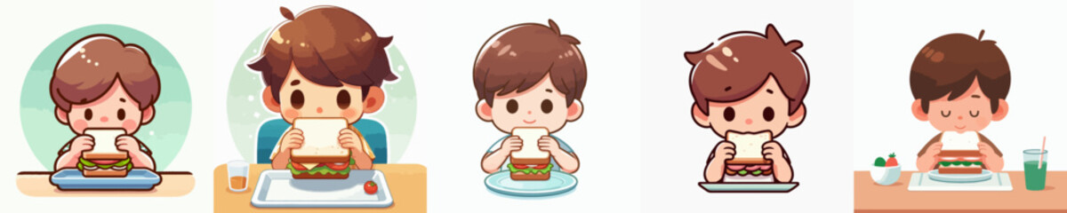 vector of a little boy having a sandwitch breakfast