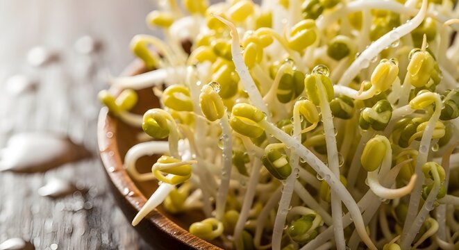 Fresh vibrant bean sprouts glistening with water droplets, a healthy food staple
