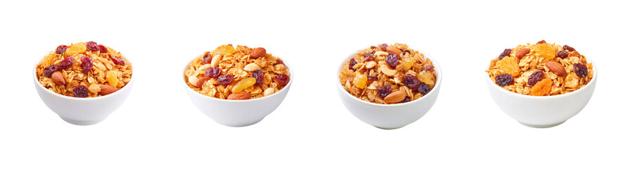 PNG set Wholesome Granola Bowl with Almonds Raisins and Dried Apricots Isolated on Transparent background