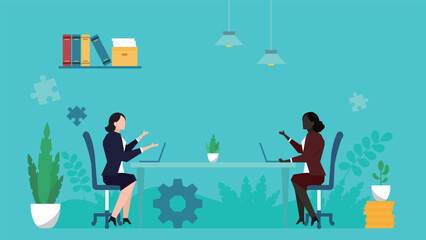 オフィスでビジネスについて会議をしているビジネスウーマン（青）　Businesswomen holding a meeting about business in the office (blue)