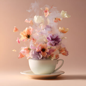 Vibrant flowers burst from a simple cup, showcasing a blend of colors and textures, creating an enchanting visual against a smooth pastel background