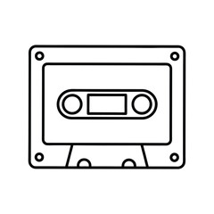 Outline of a cassette tape showing rectangular form two circular reels and the front face. Editable stroke. Vector illustration