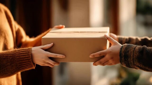 Close up hands of a customer receiving a cardboard boxes parcel from delivery service courier, Delivery man send parcel to customer accept order in application after that by express service	