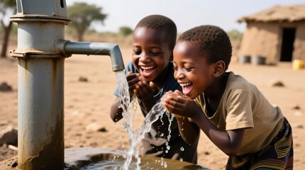 Two joyful children drink water from a pump