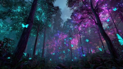 Enchanting glow of a mystical forest filled with vibrant butterflies and luminescent trees
