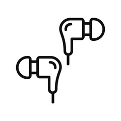 Two earbuds are depicted in a graphic black outline style The earbuds are positioned diagonally on a white background. Editable stroke. Vector illustration