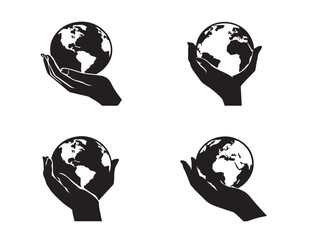 Decorative globe hand silhouette vector icons set for sustainability