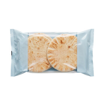 Photo of two round pita breads sealed in a clear plastic package, isolated on a transparent background