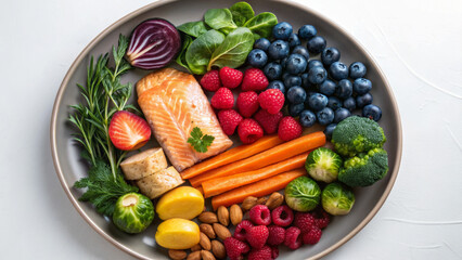 Personalized nutrition improves overall well-being. Colorful plate of fresh fruits, vegetables, and salmon arranged artfully.