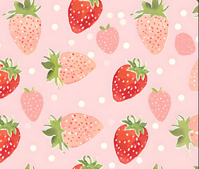 A delightful pattern featuring strawberries of different sizes and shades against a soft pink background, adorned with playful white polka dots, creating a cheerful and fresh design