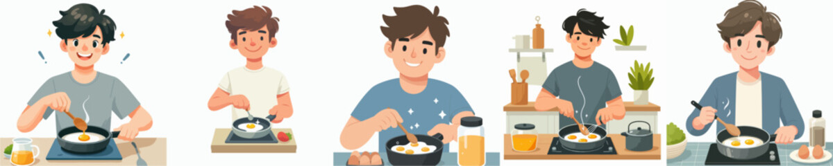vector of a man frying a sunny side up egg