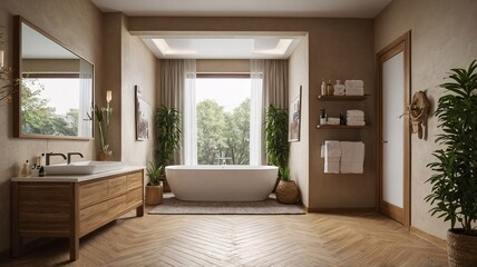 Fototapeta premium A serene bathroom setting featuring a modern freestanding bathtub, wooden cabinetry, and lush greenery, creating a calming atmosphere.