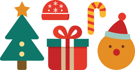 Vector christmas icons pack detailed illustration featuring tree gift candy cane hat snowman