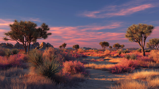 Expansive desert landscape at sunset with blooming wildflowers, yucca plants, and Joshua trees under a vibrant pink and purple sky. - Powered by Adobe