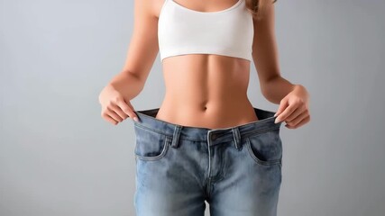 A fit young woman holding out a pair of oversized blue jeans with both hands, showing a flat toned stomach to emphasize weight loss, Women shows her weight loss, Overweight concept
- Powered by Adobe